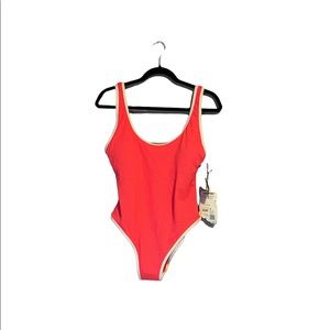 Love & Sports Womens Large Neon Pink/coral and White one piece Swimsuit Nwt